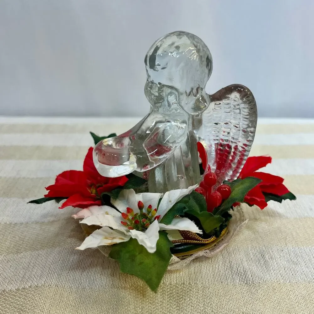 Clear Glass Angel Candleholder Vintage Christmas Artificial Poinsettias 4.25